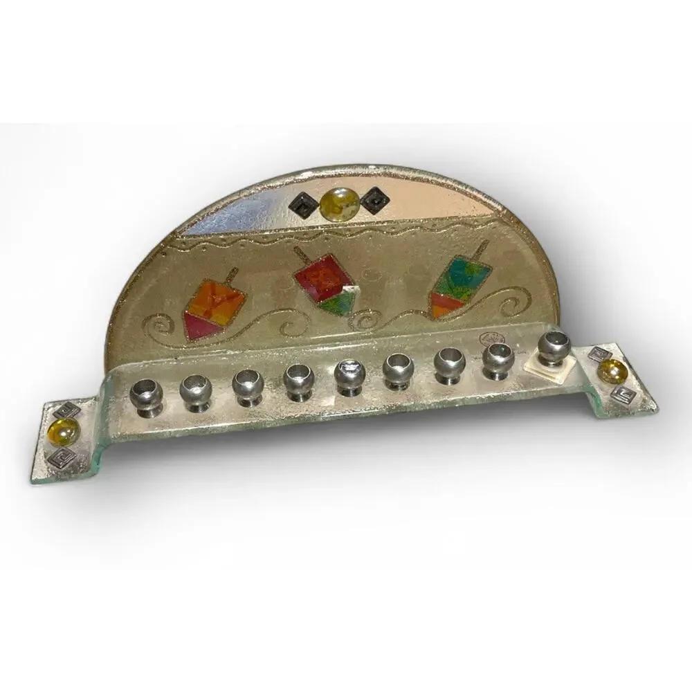 Handmade Stained Glass Judaica Menorah Lily‎ Design Israel Dreidel Art 14”x5.5